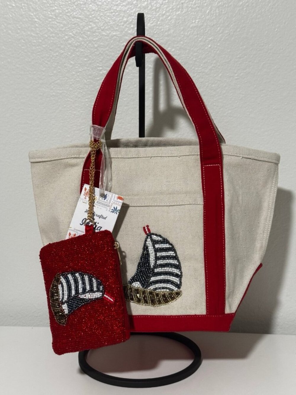 Brand New Viral Sailboat Canvas Tote Bag w Matching Sailboat Beaded Coin Pouch